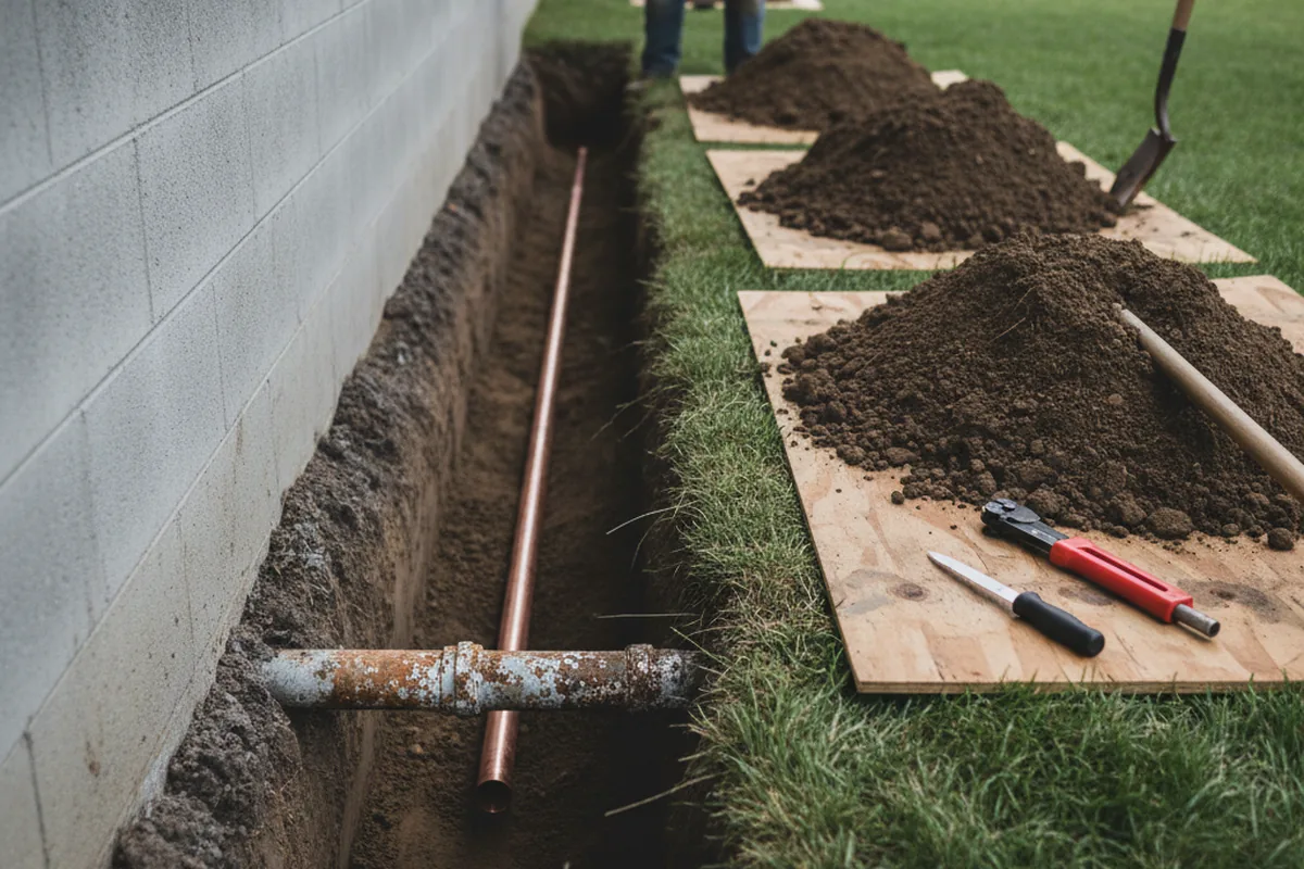 Excavated water line trench during Water Softener Installation in Hayward